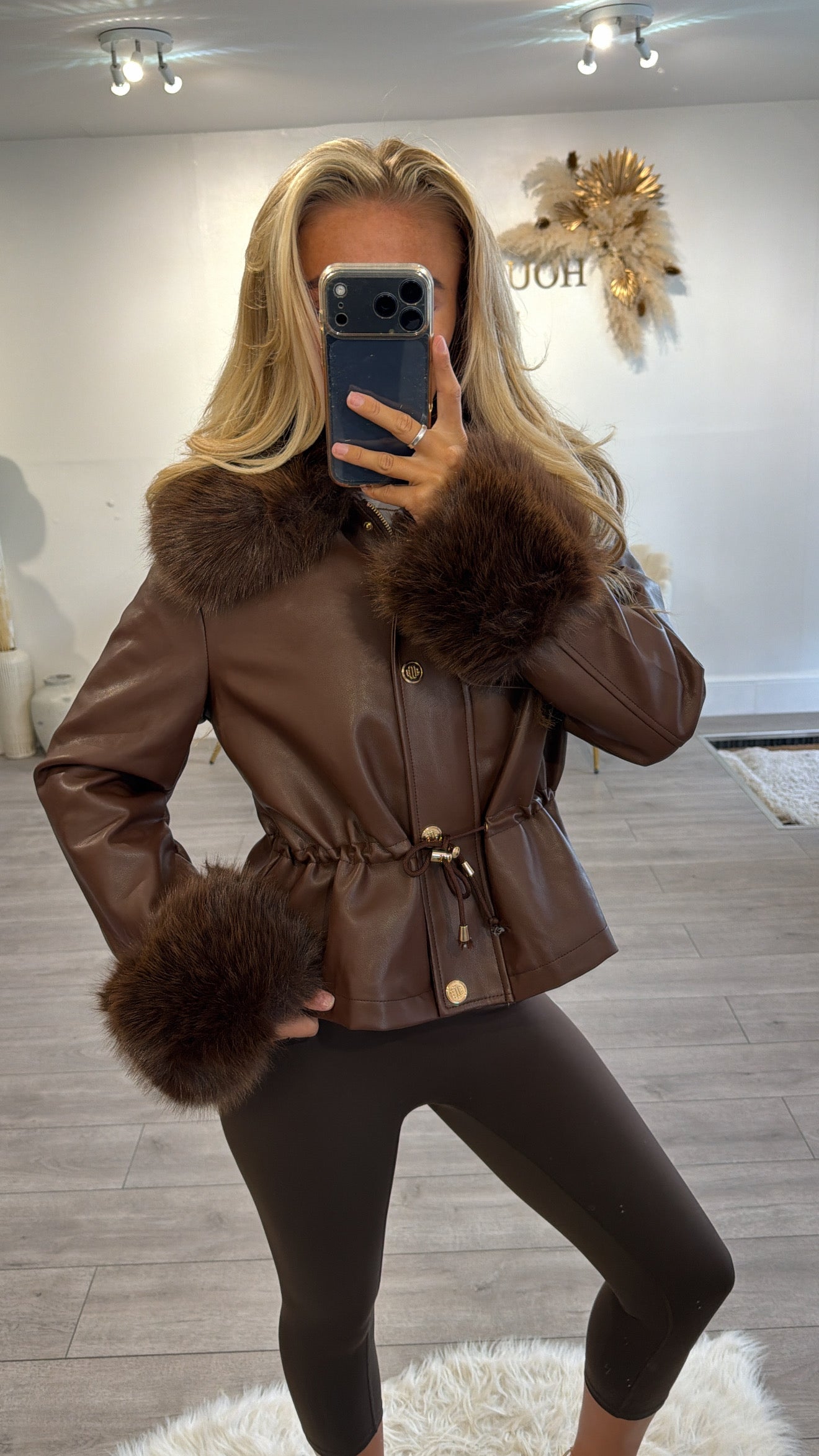 Faux leather jacket with faux fur trims brown