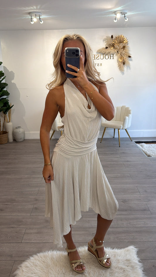 Halter neck midaxi dress beige