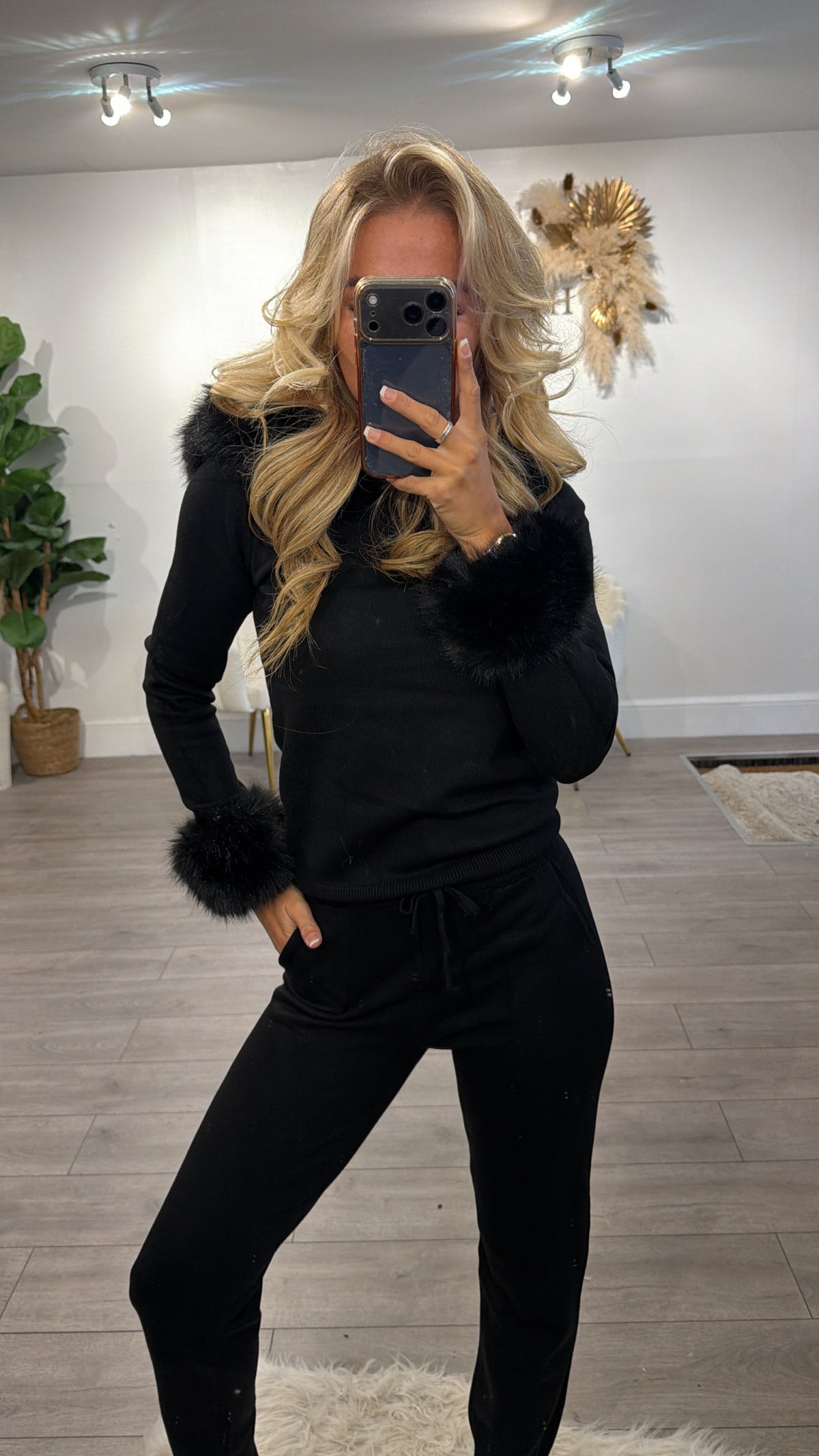 Luxury Faux Fur Trimmed Hoodie and Joggers Set black