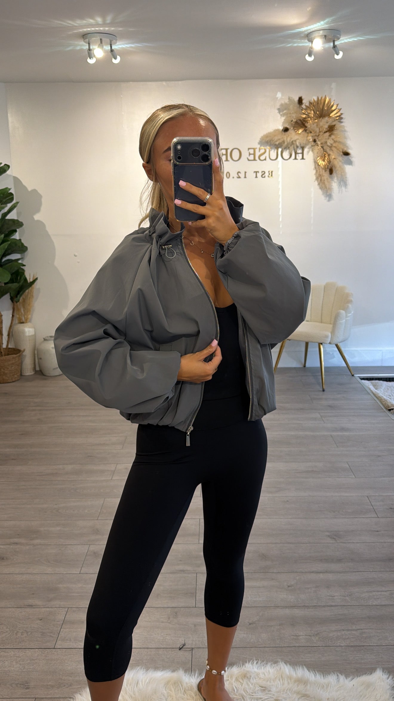 Cinched windbreaker style jacket charcoal