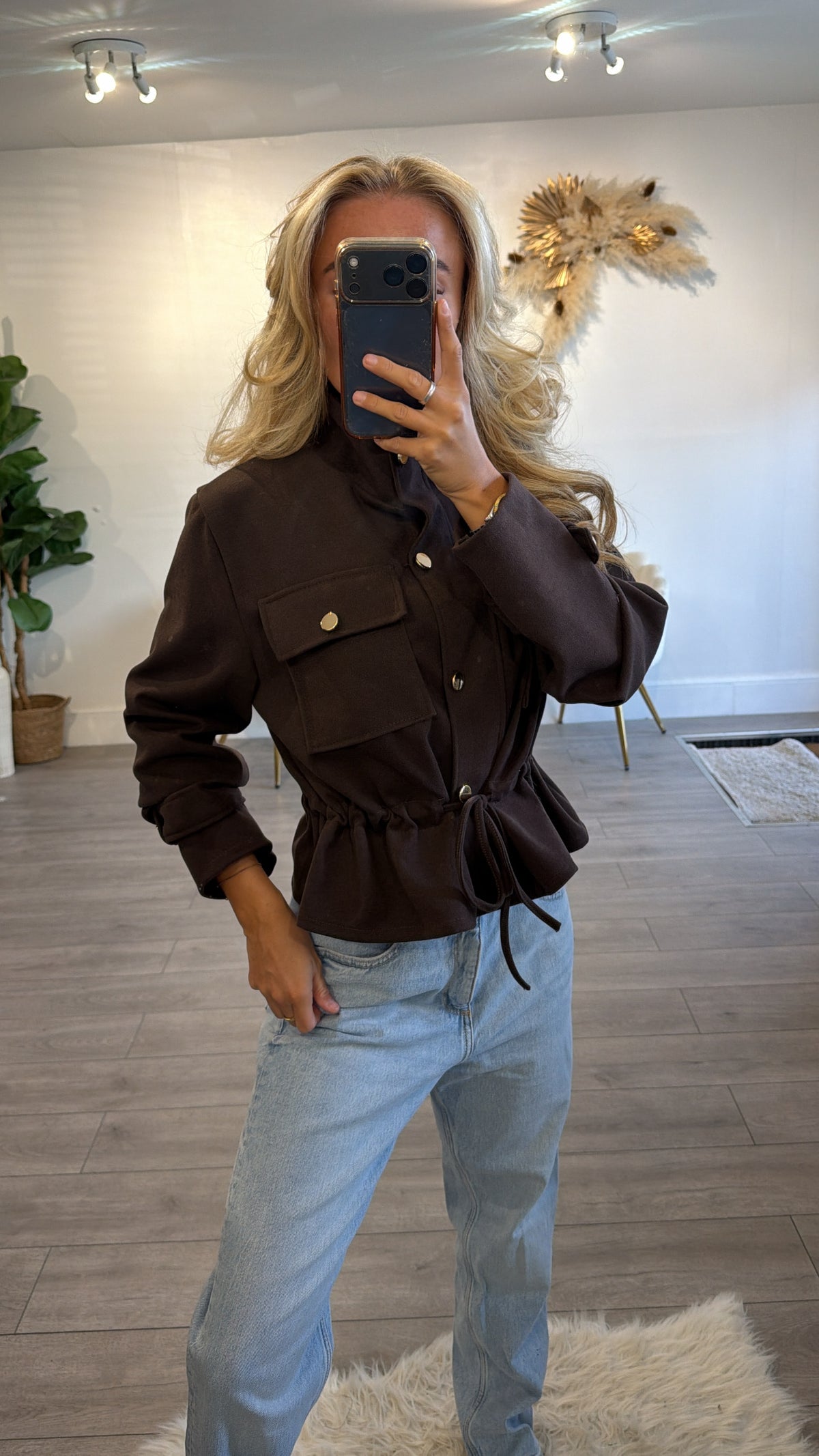 Cinched waist gold button jacket chocolate