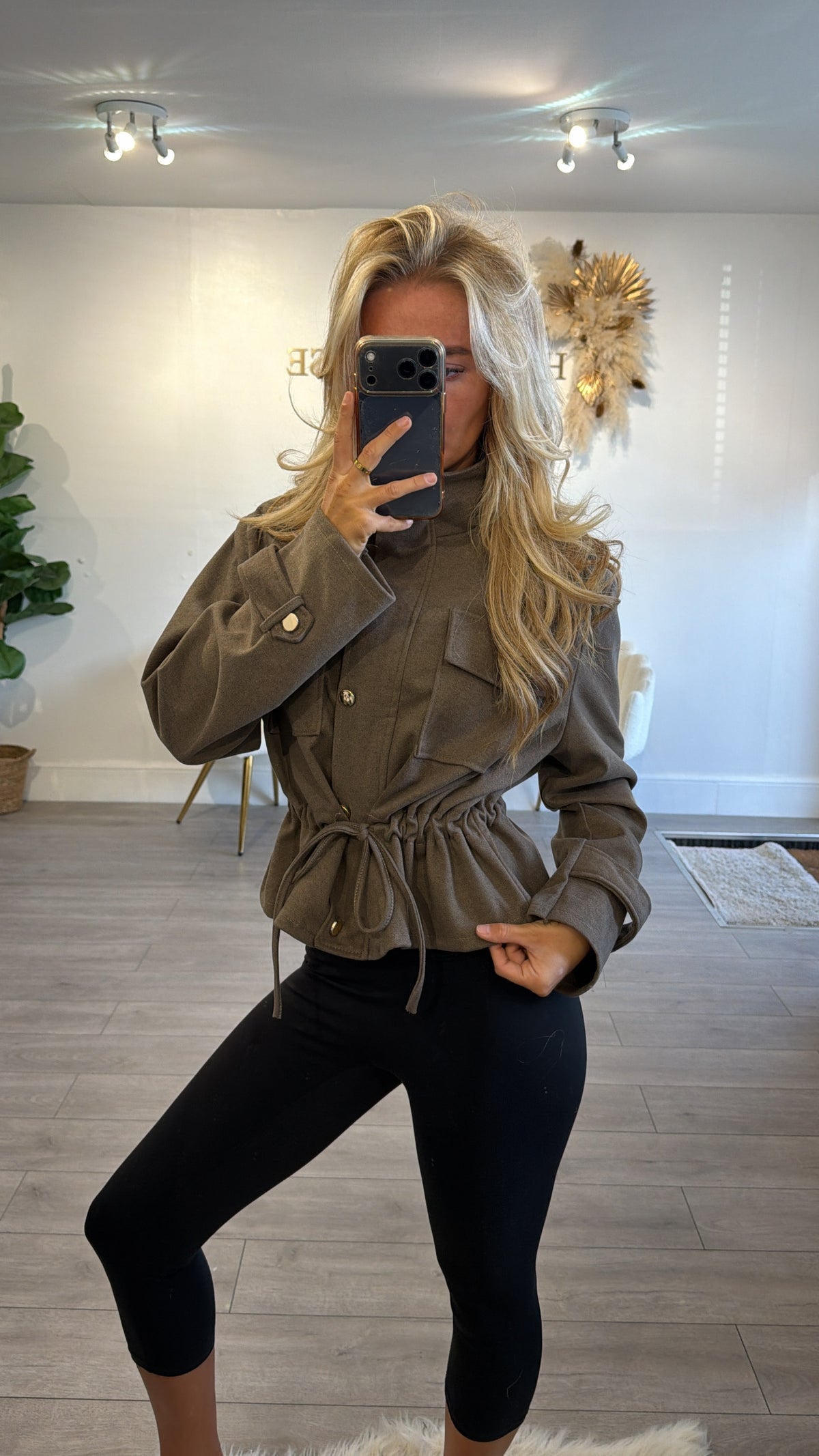 Cinched waist gold button jacket mocha