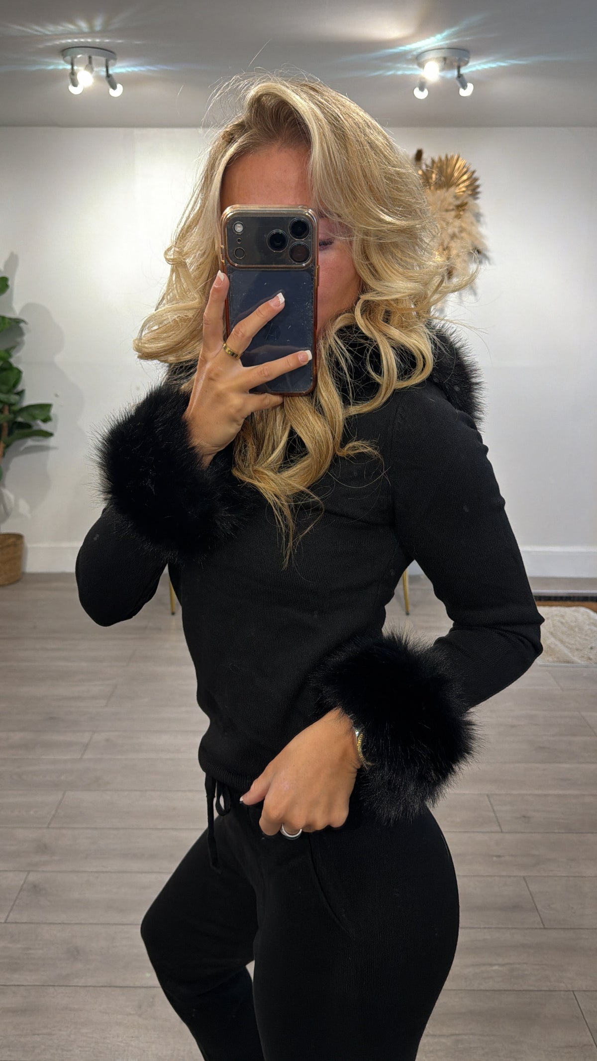 Luxury Faux Fur Trimmed Hoodie and Joggers Set black