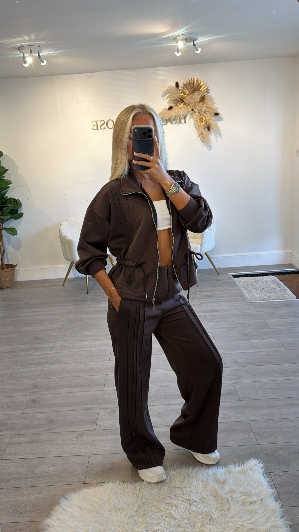 Tie up zip up jacket and trouser loungewear set chocolate