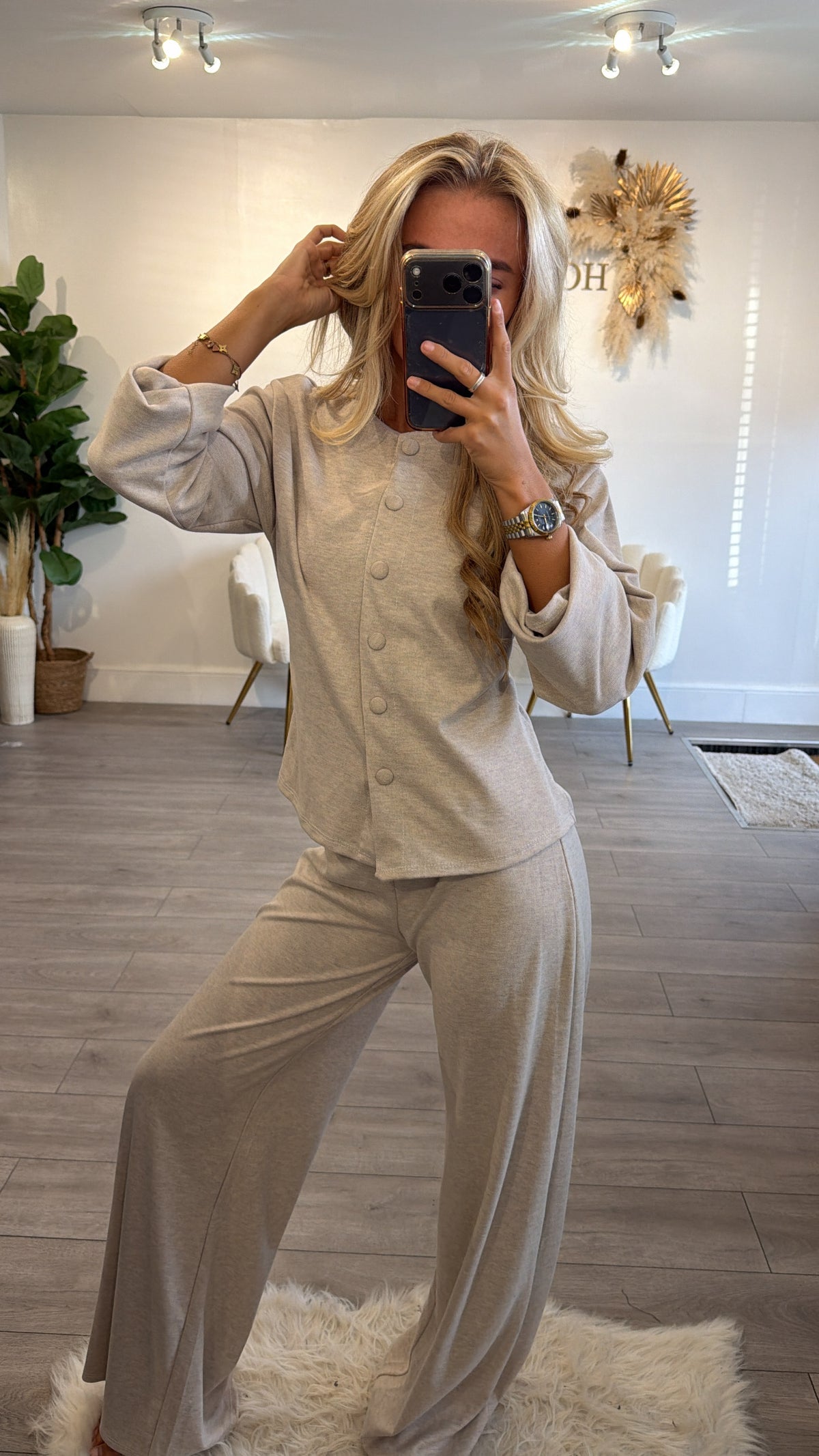 Button up front loungewear coord set beige