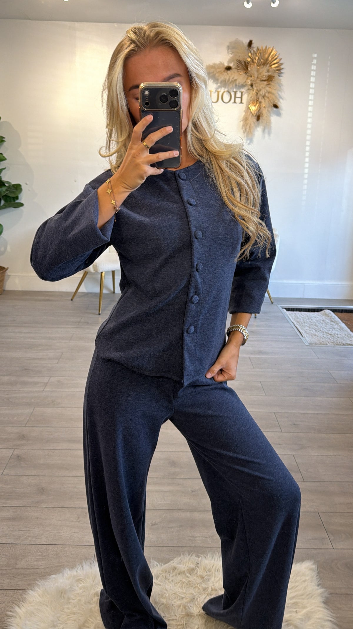Button up front loungewear coord set navy