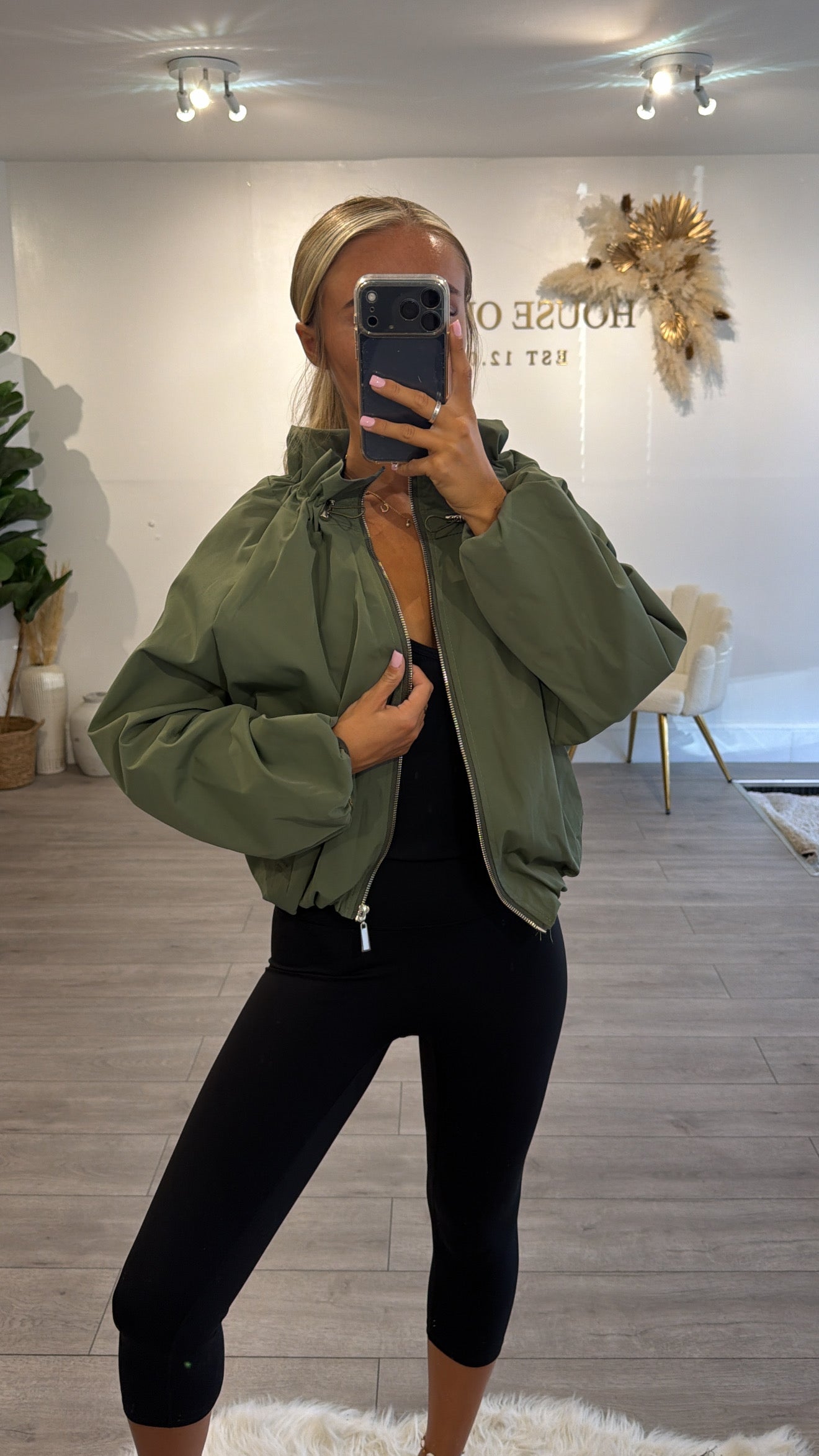 Cinched windbreaker style jacket khaki