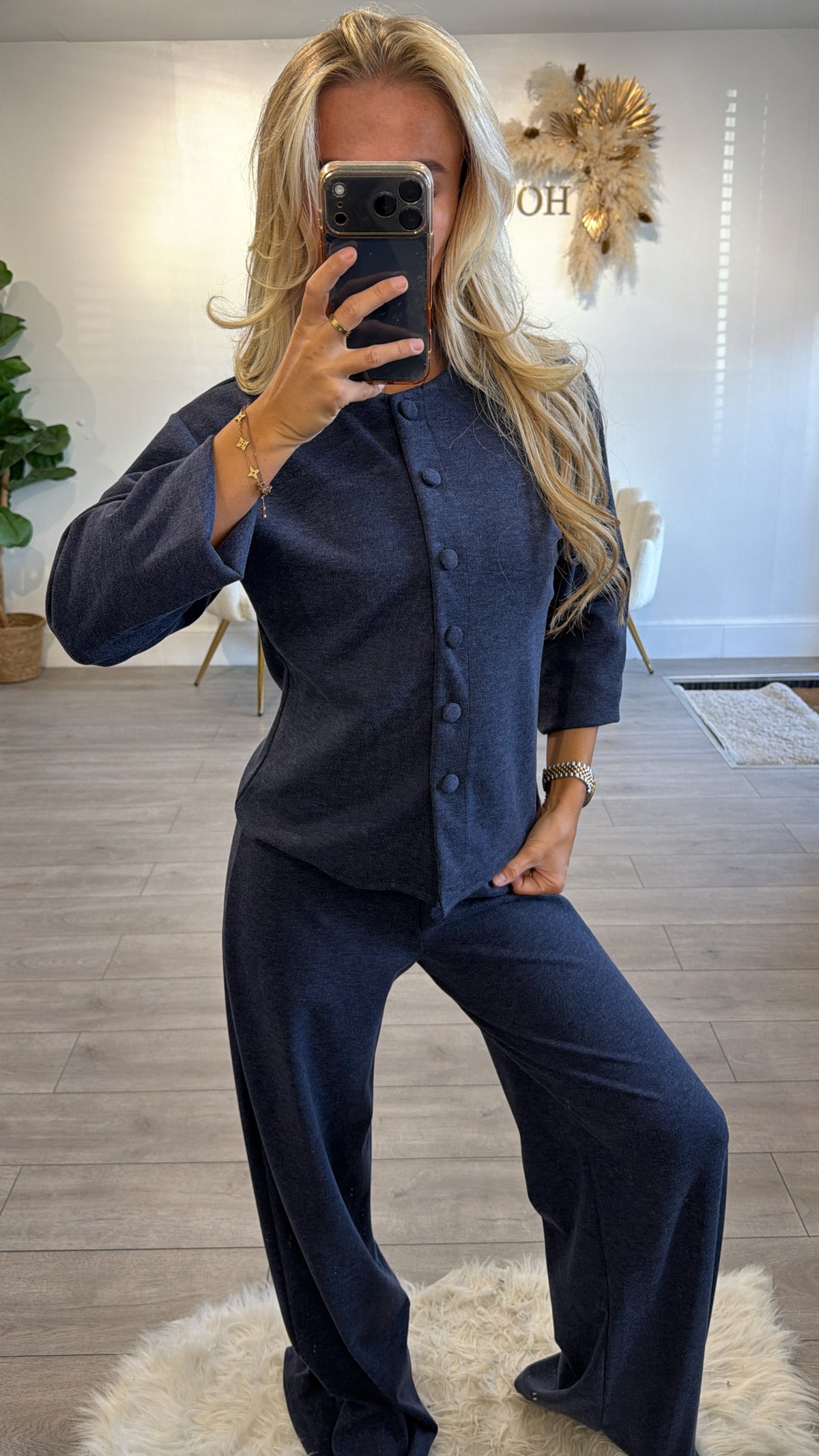 Button up front loungewear coord set navy