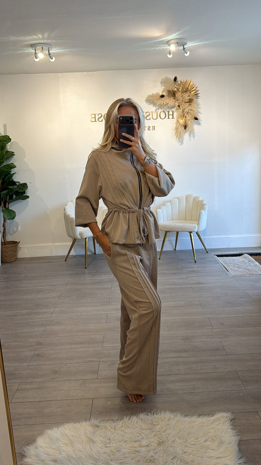 Tie up zip up jacket and trouser loungewear set taupe