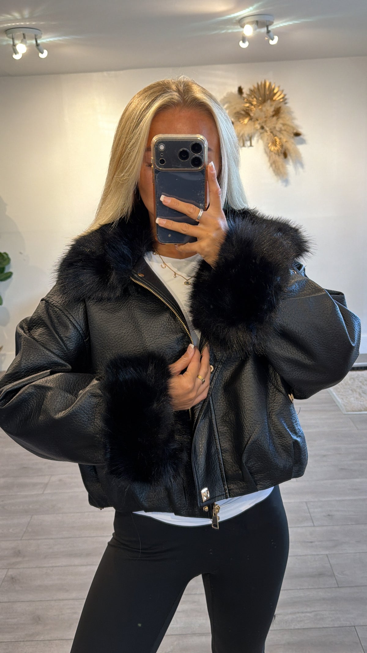 Faux leather jacket with faux fur trims black