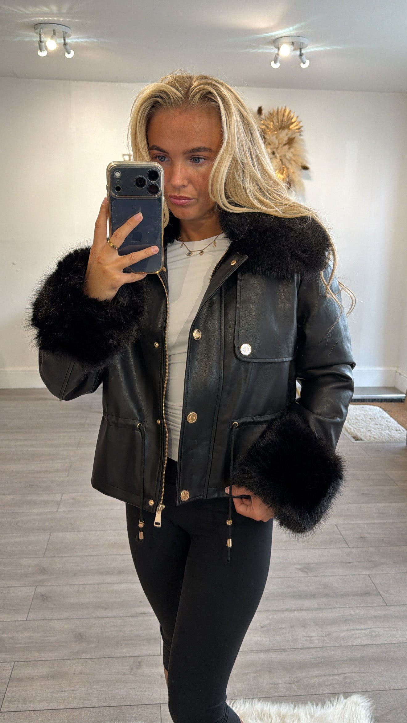 Faux leather jacket with faux fur trims black