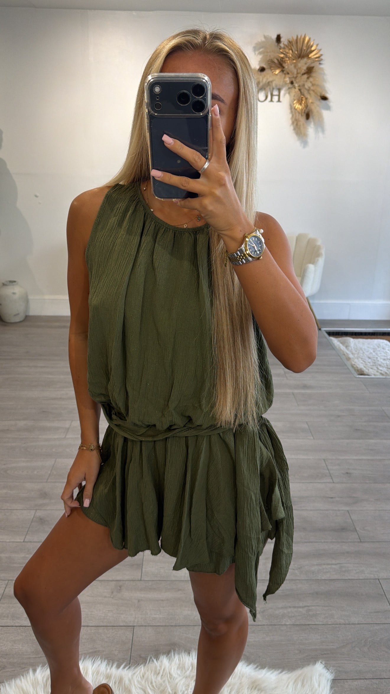 Tie up waist playsuit khaki