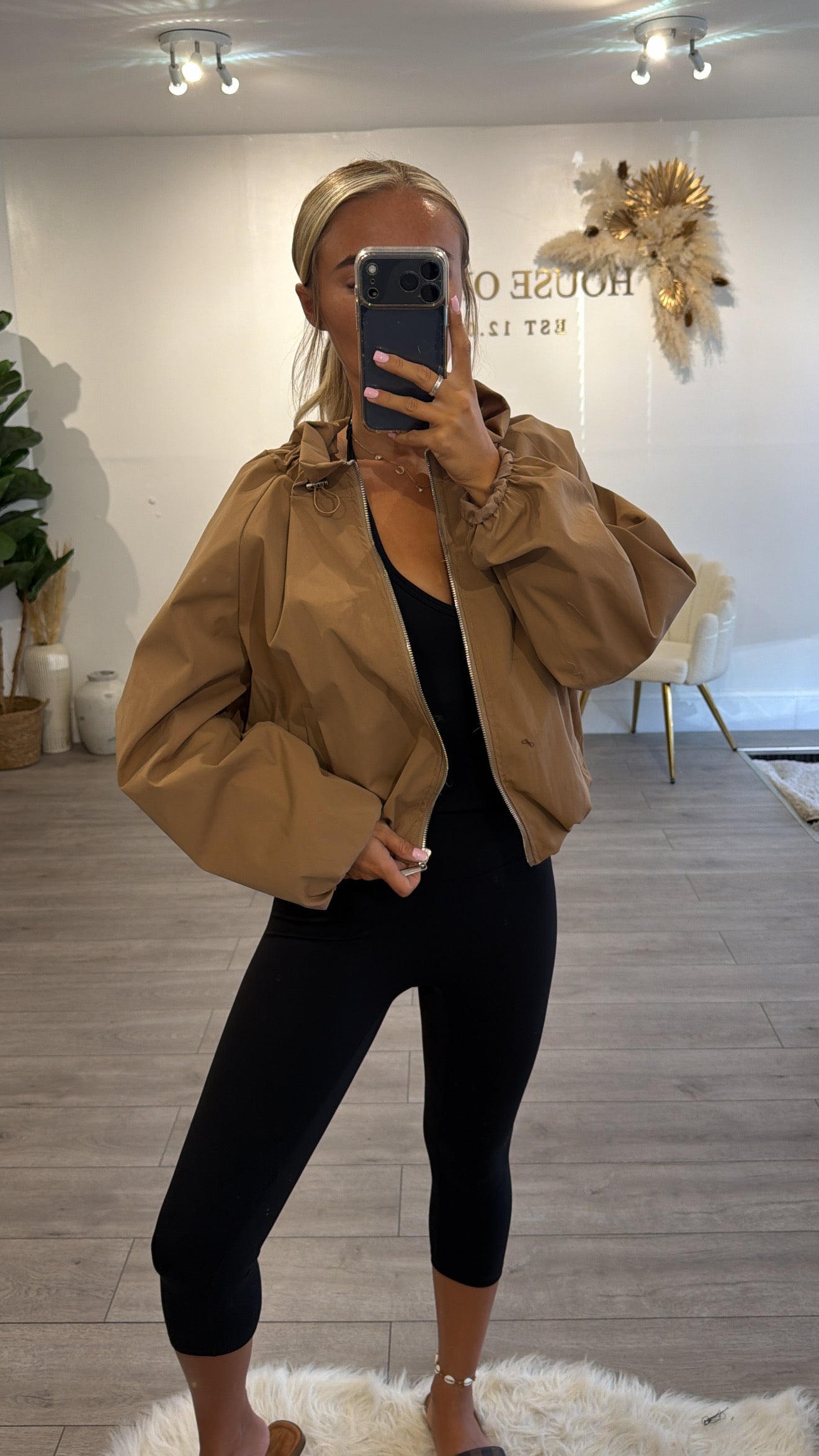Cinched windbreaker style jacket tan