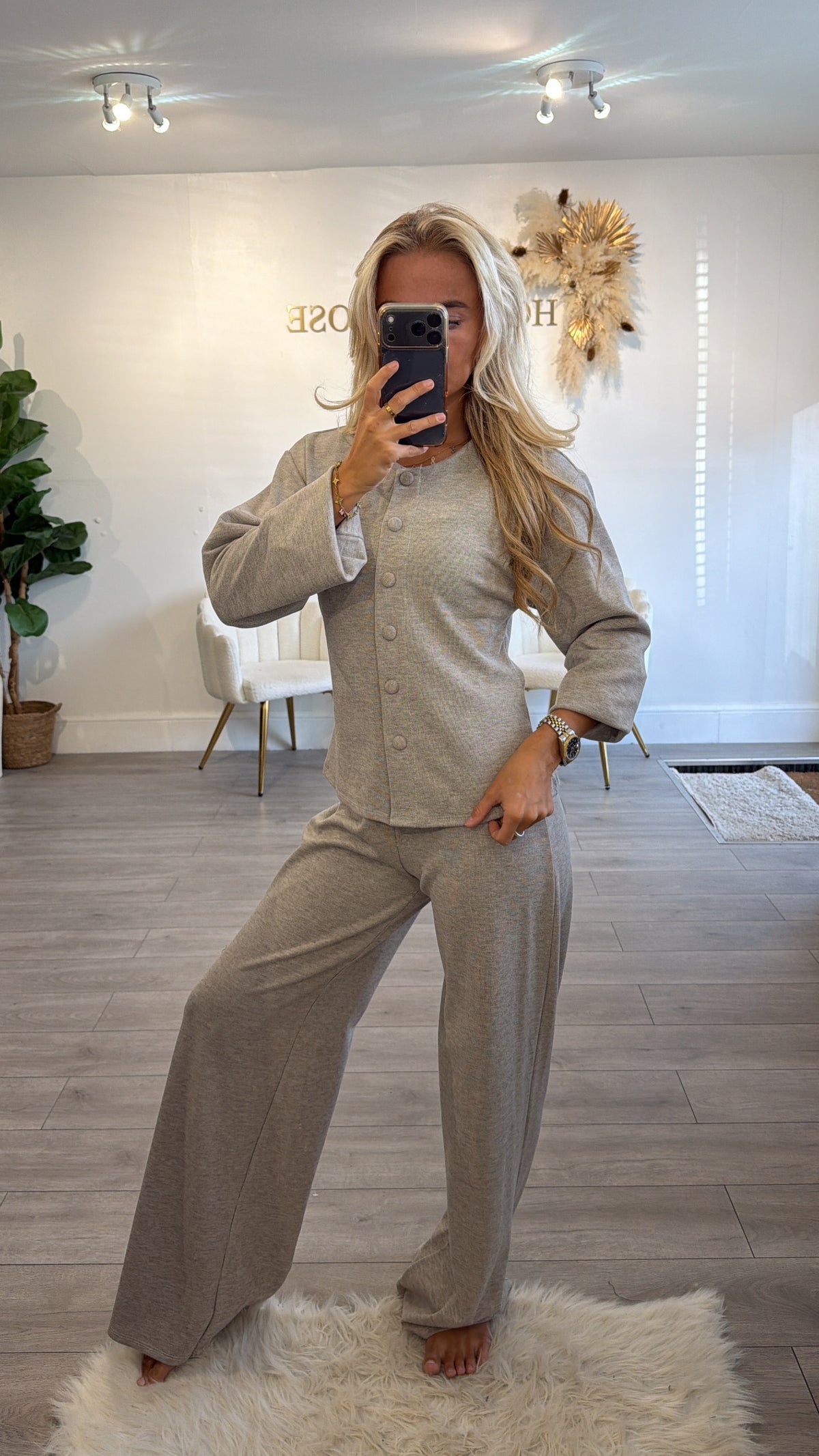 Button up front loungewear coord set taupe