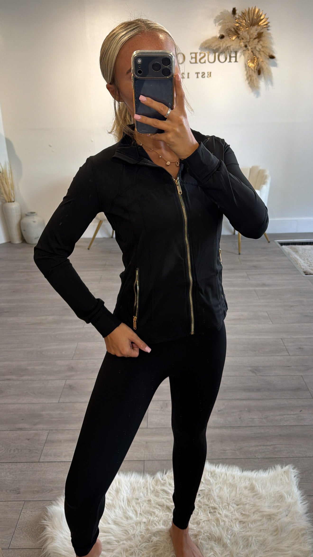 Gold zip up gym jacket and leggings set black