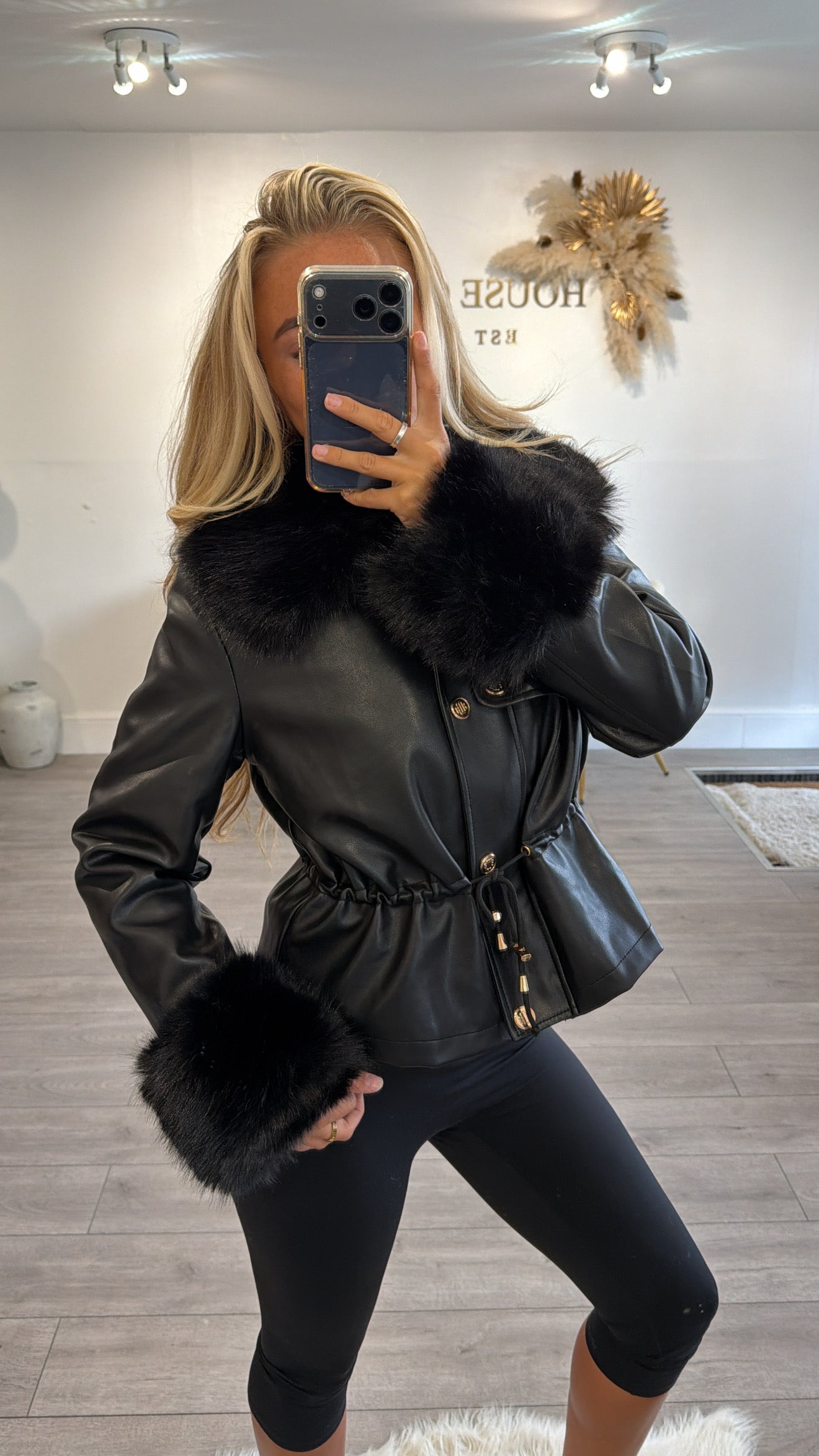 Faux leather jacket with faux fur trims black