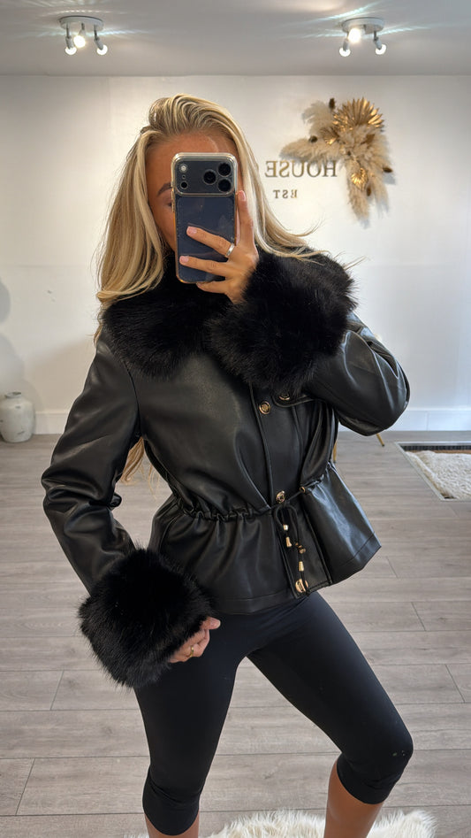 Faux leather jacket with faux fur trims black