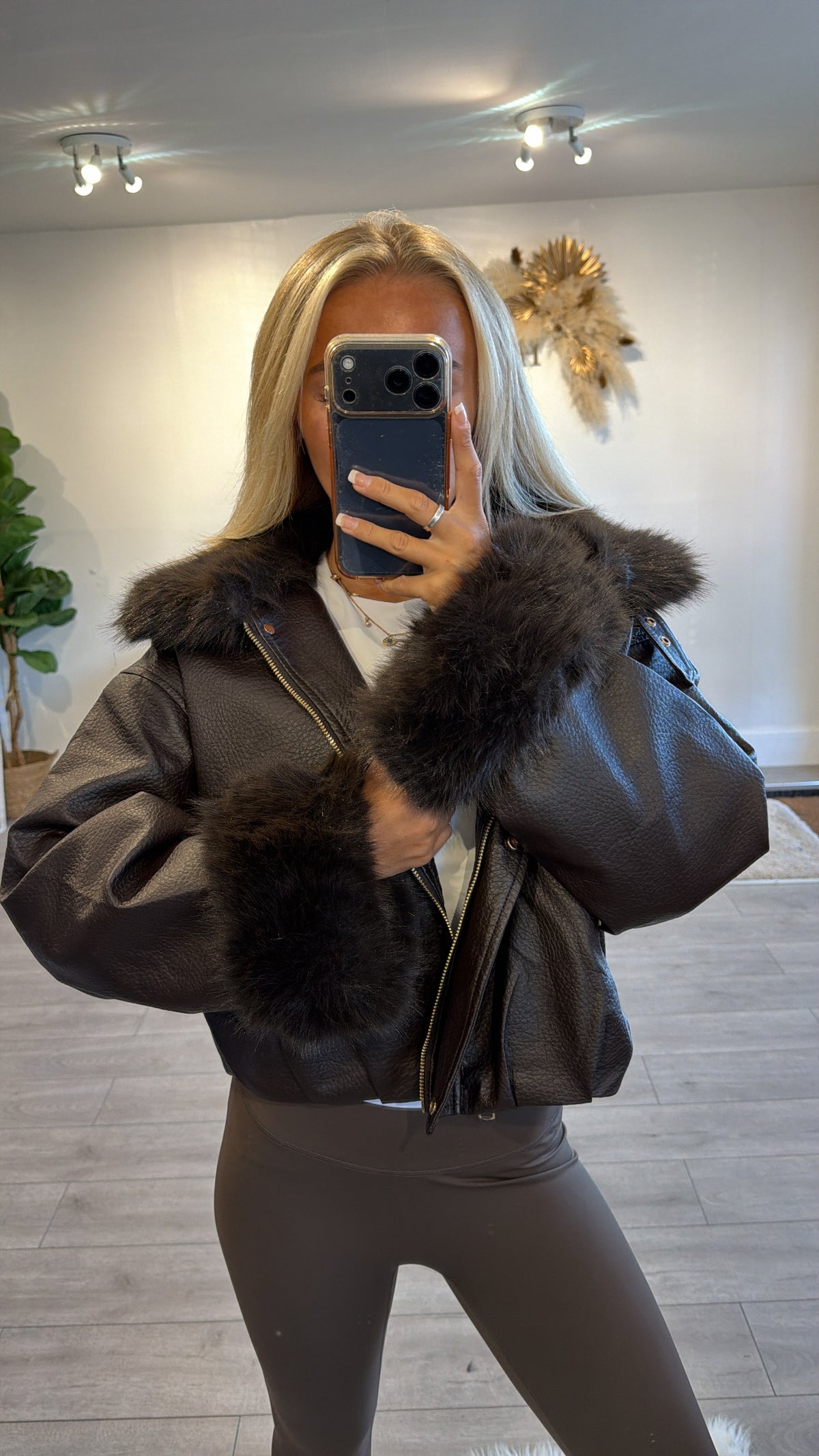 Faux leather jacket with faux fur trims brown