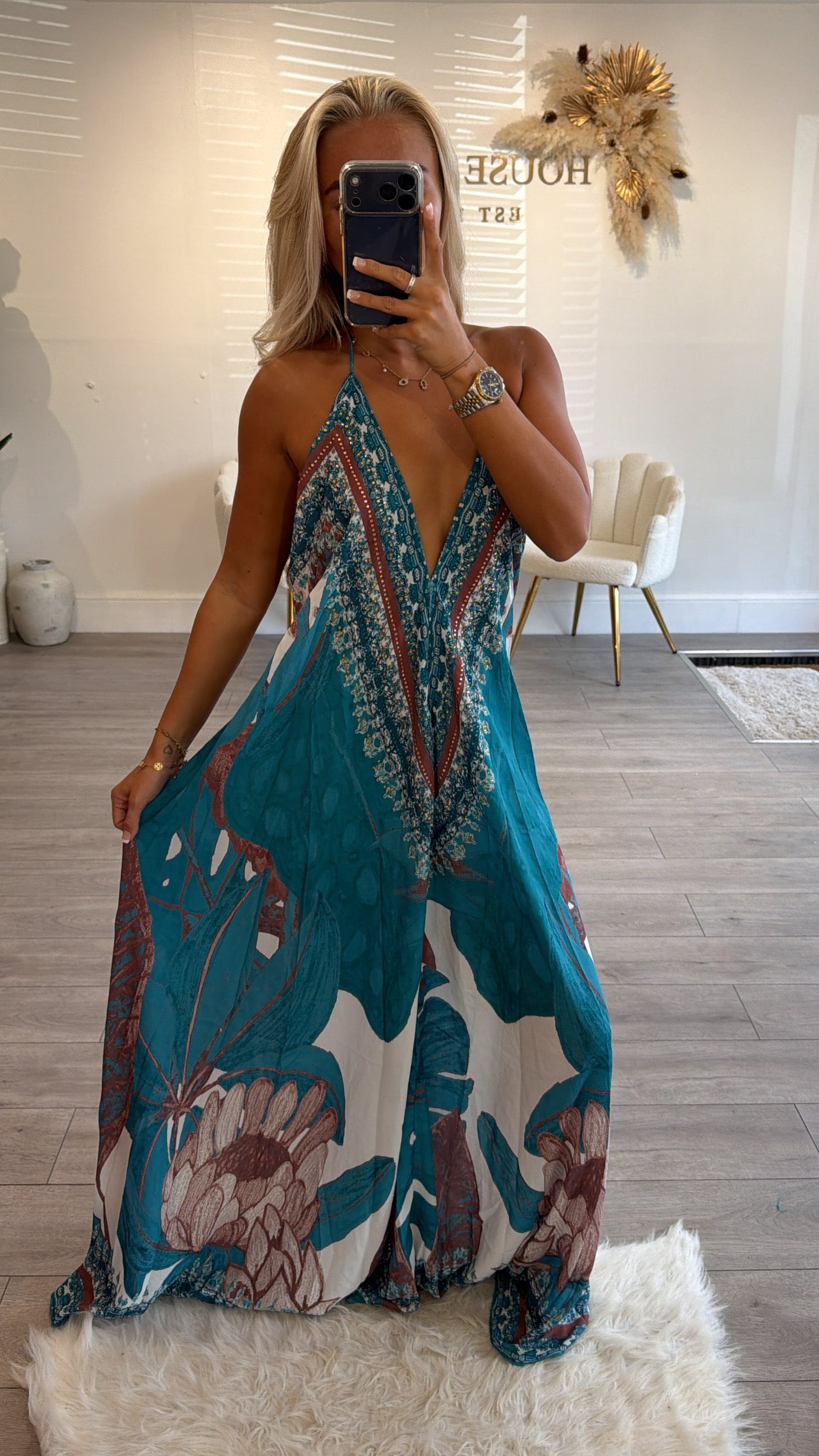 Our tie up halter neck maxi dress turquoise