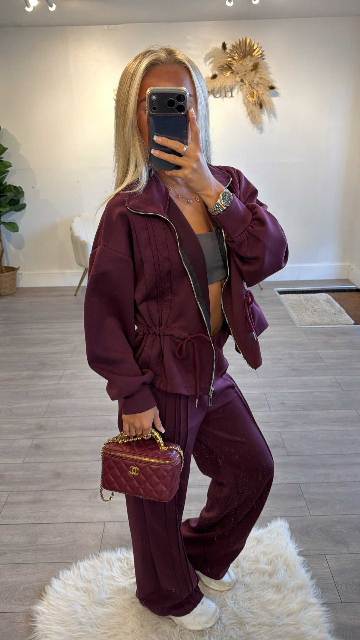 Tie up zip up jacket and trouser loungewear set burgundy