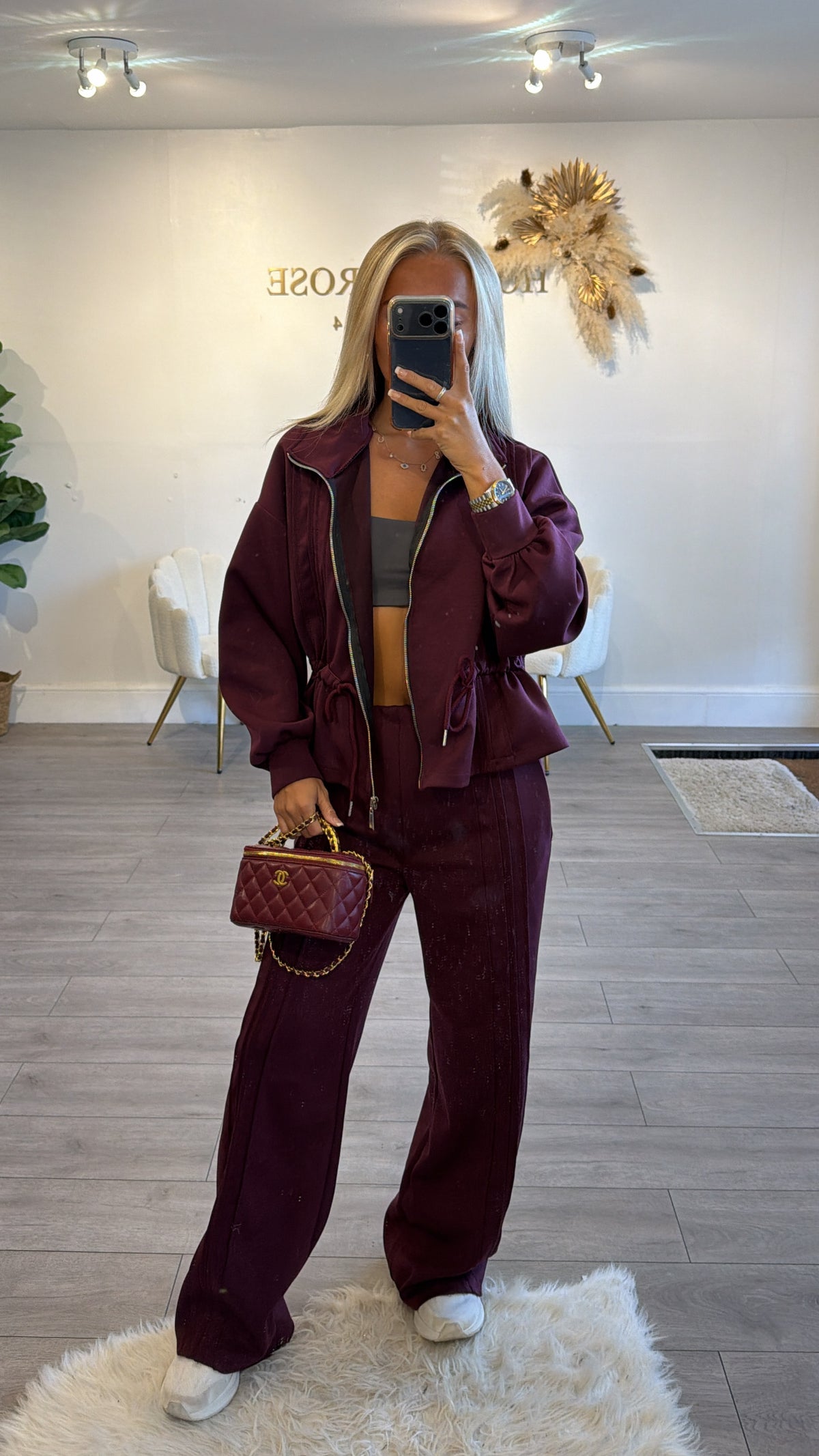Tie up zip up jacket and trouser loungewear set burgundy