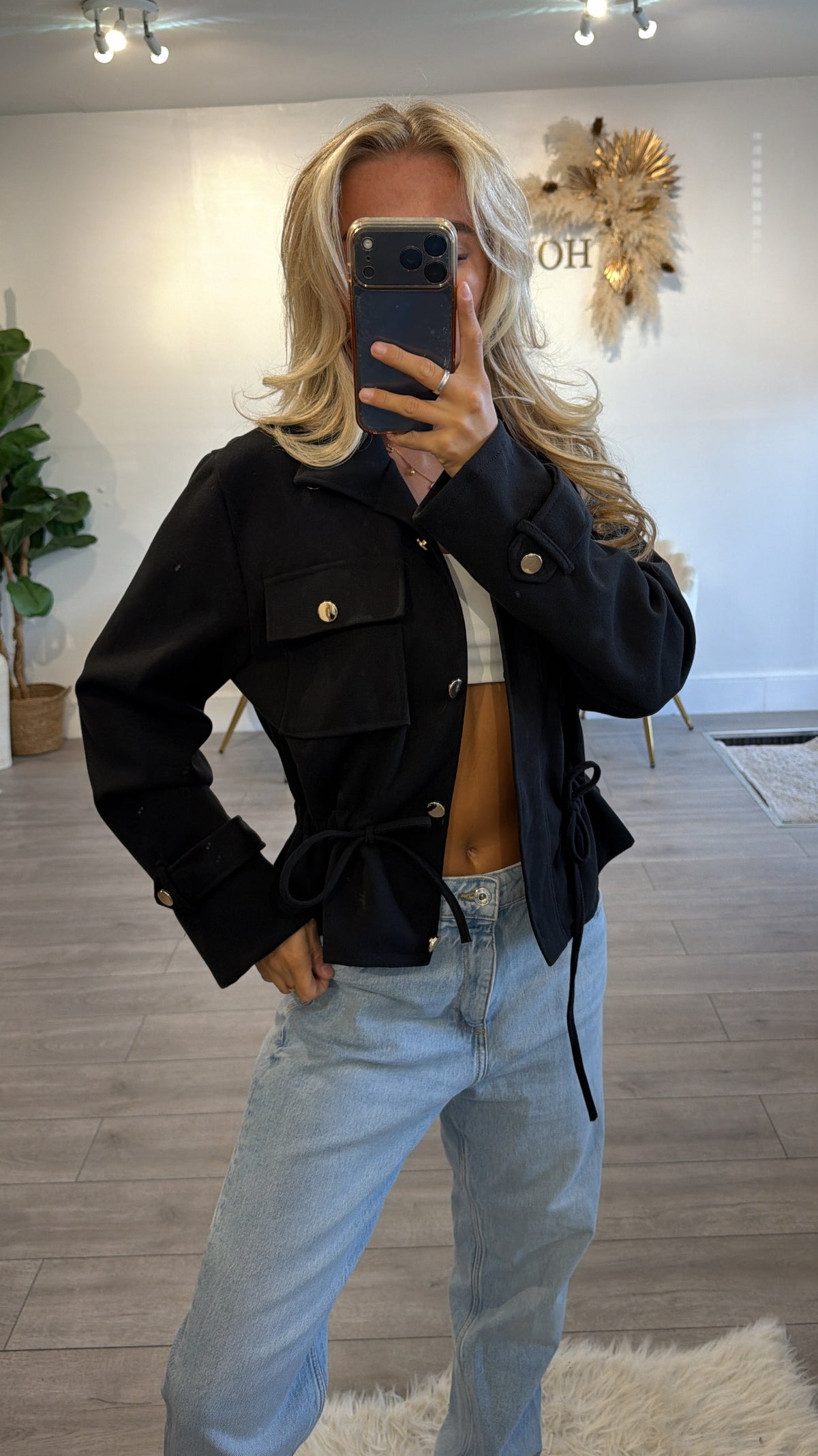 Cinched waist gold button jacket black