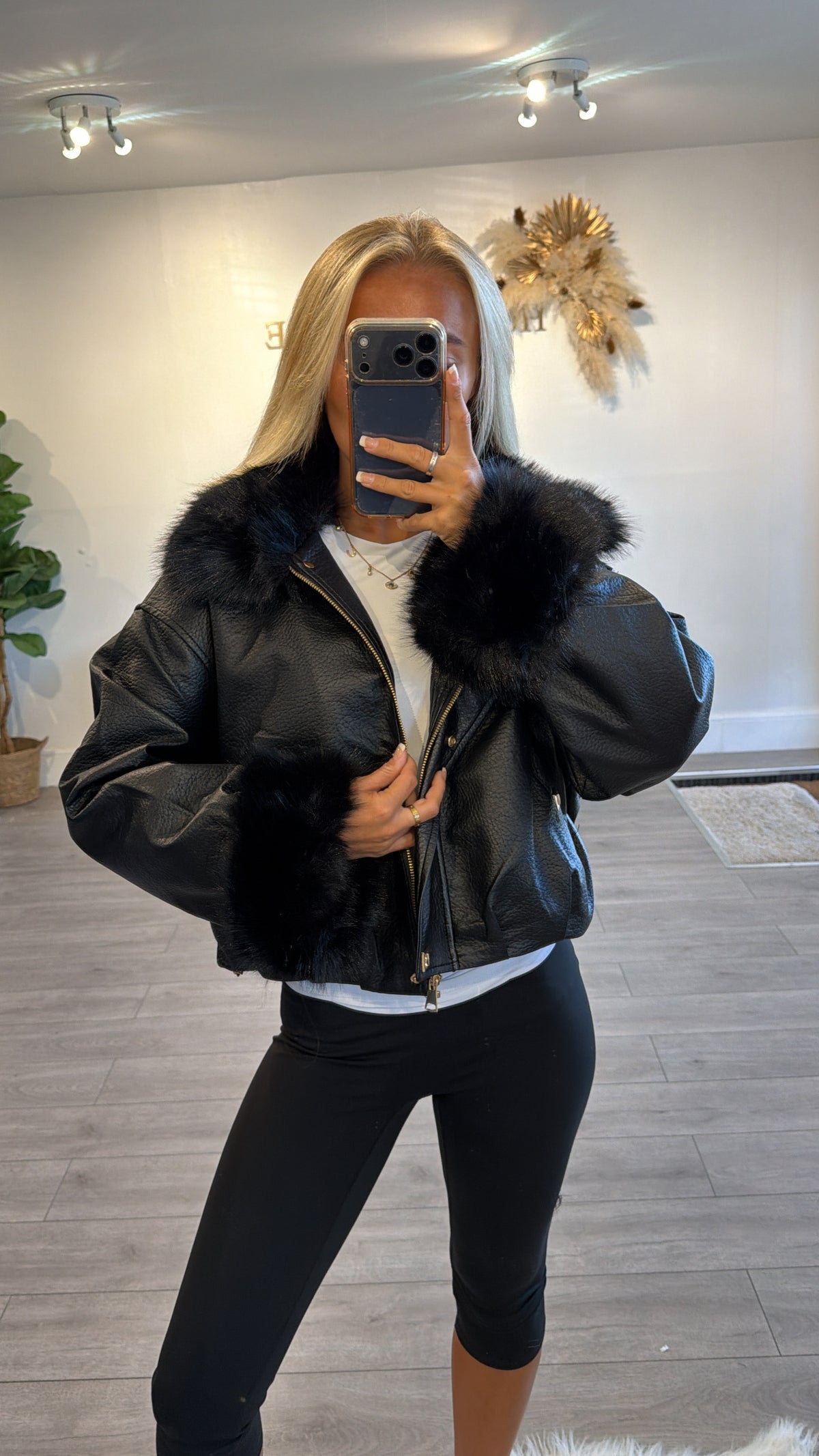 Faux leather jacket with faux fur trims black