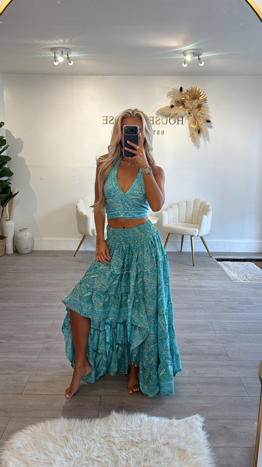 Halter neck tie up top and matching ruffle skirt turquoise