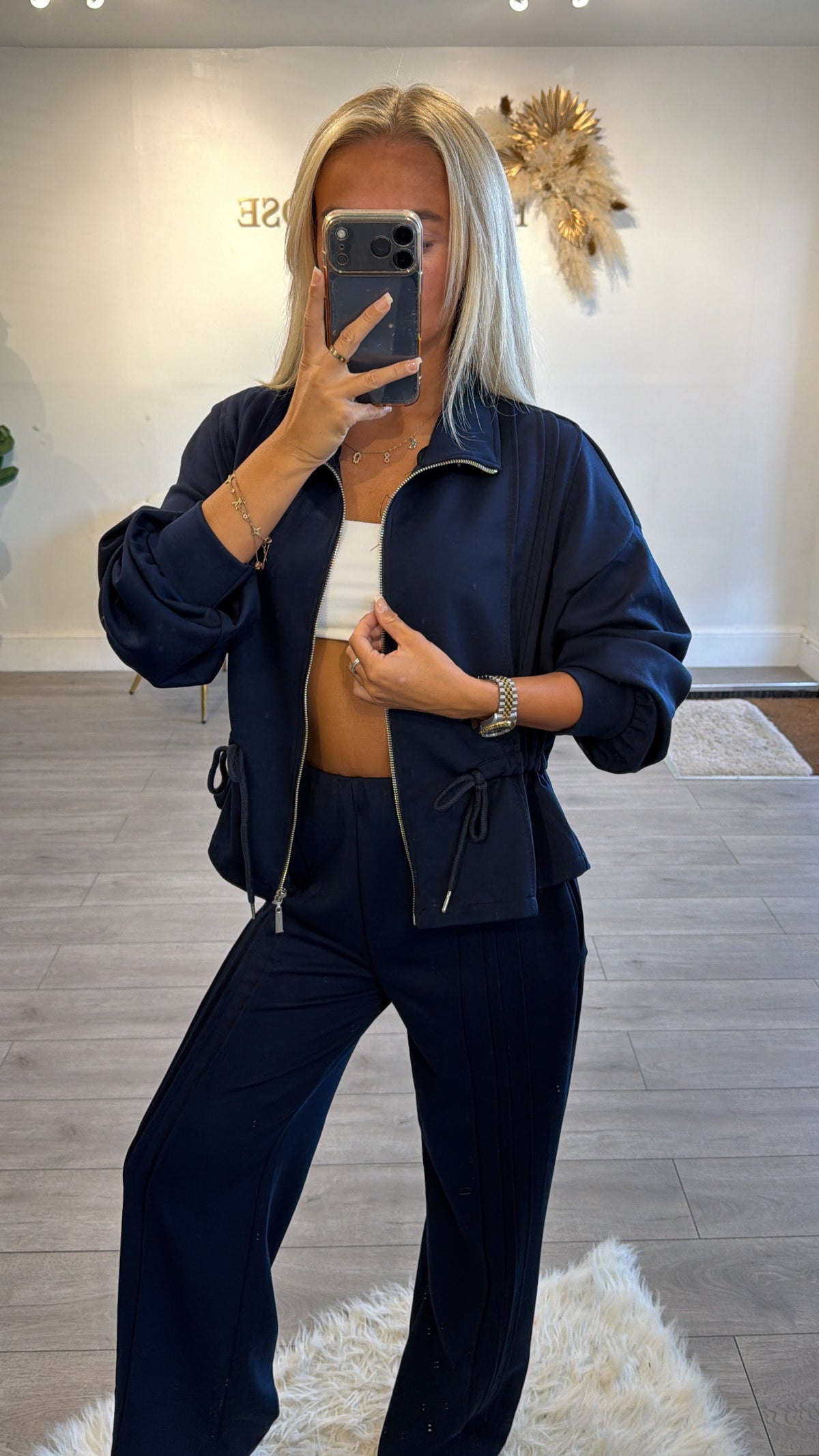 Tie up zip up jacket and trouser loungewear set navy