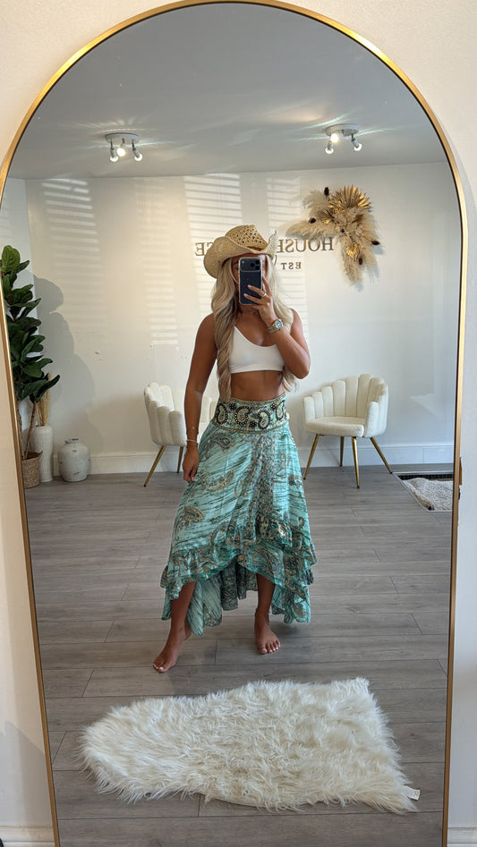 Our boho pattern ruffle skirt blue