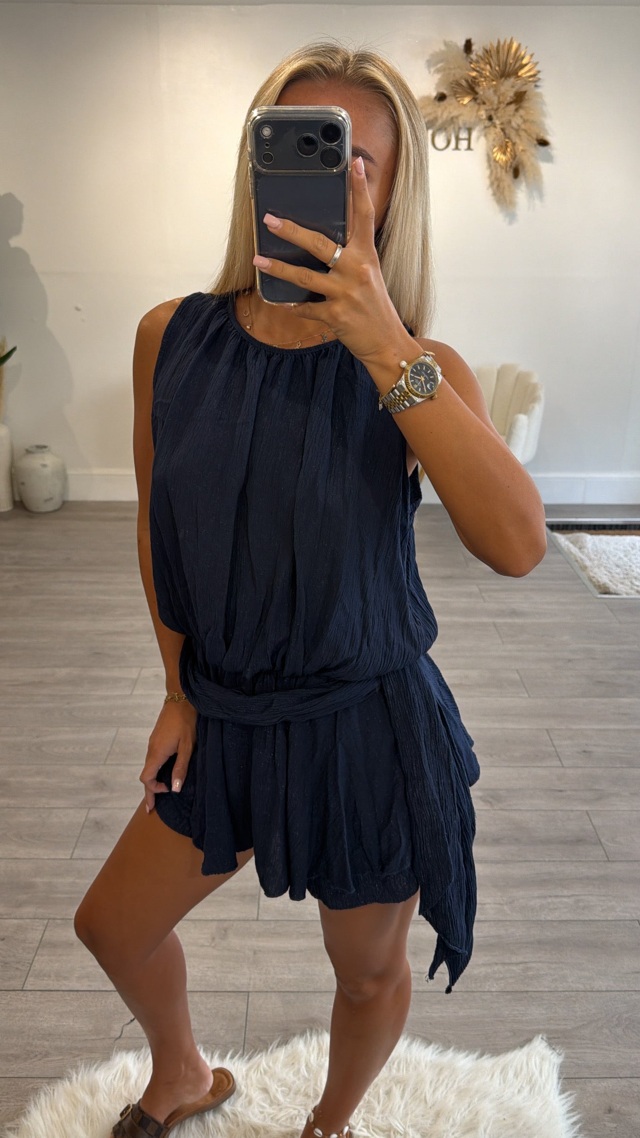 Tie up waist playsuit navy