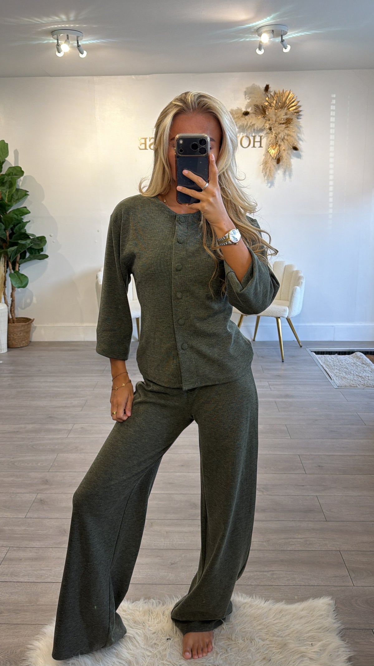 Button up front loungewear coord set khaki