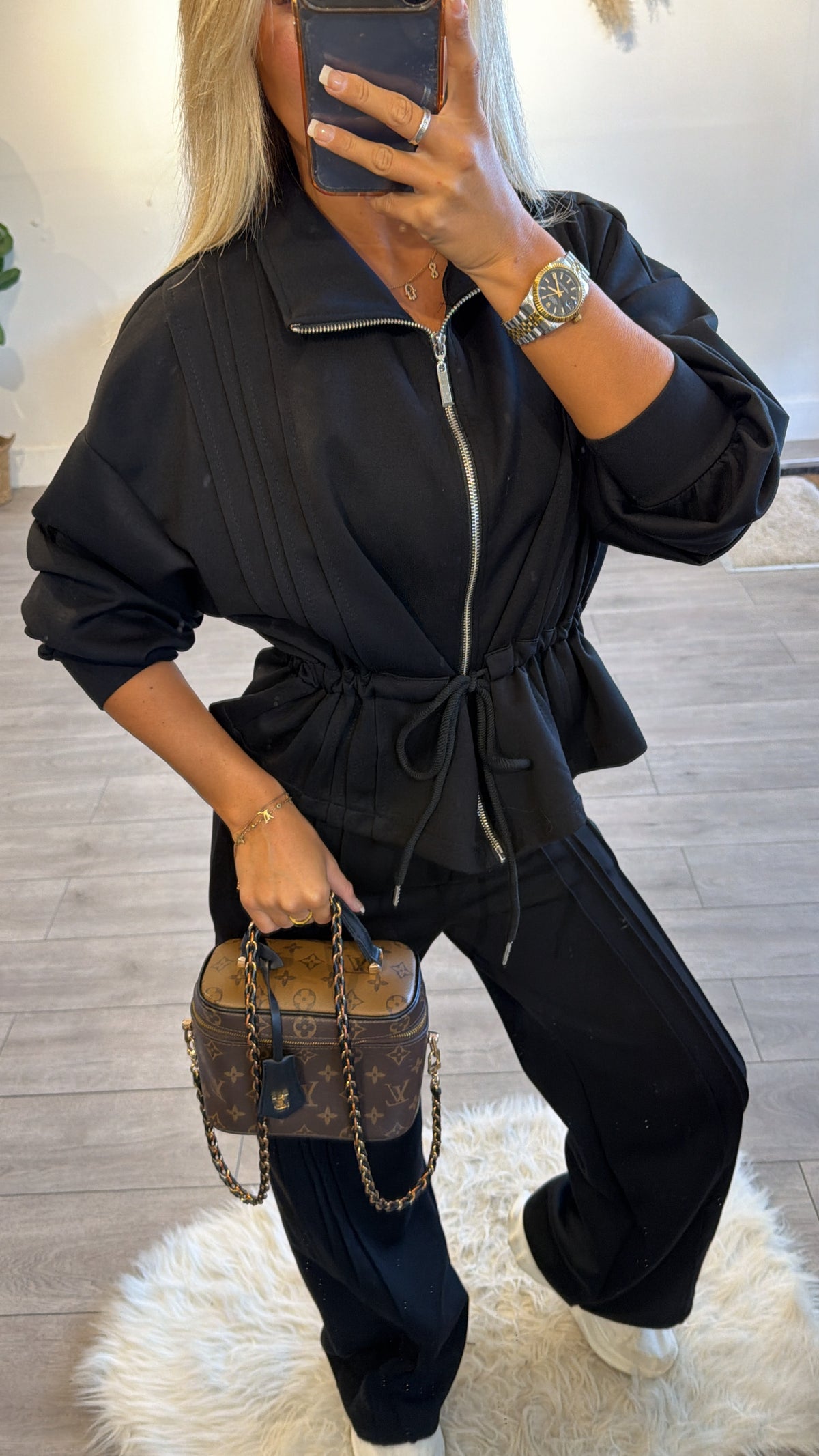 Tie up zip up jacket and trouser loungewear set black