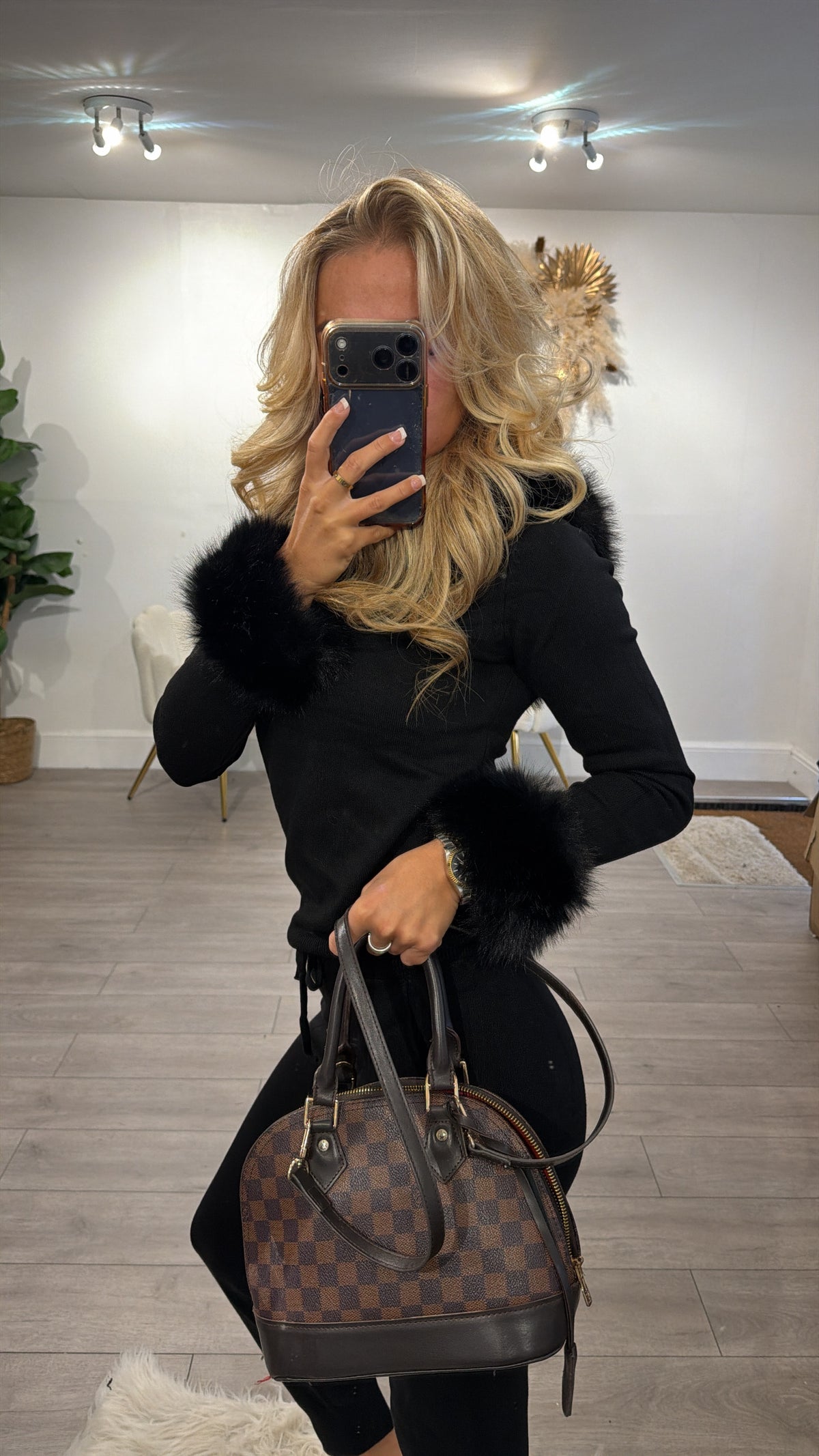 Luxury Faux Fur Trimmed Hoodie and Joggers Set black