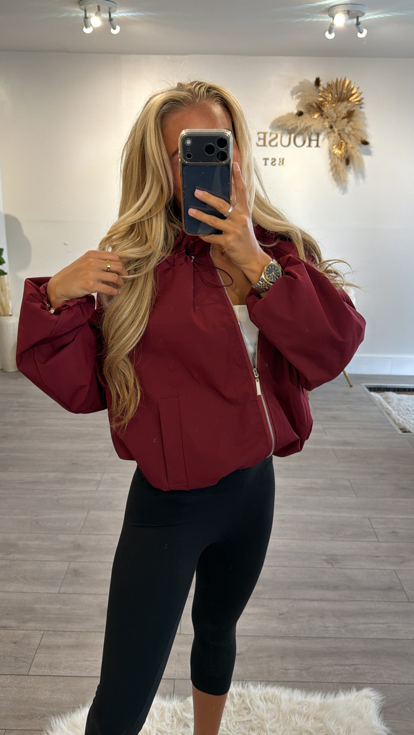 Cinched windbreaker style jacket burgundy