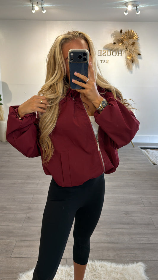 Cinched windbreaker style jacket burgundy