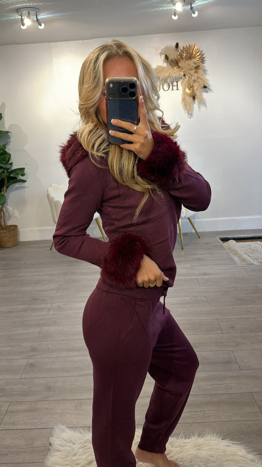 Luxury Faux Fur Trimmed Hoodie and Joggers Set burgundy