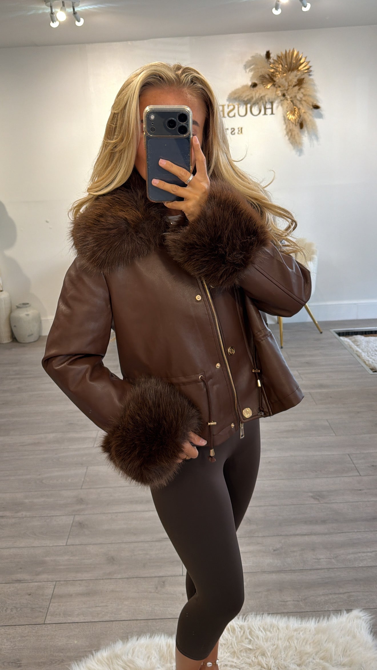 Faux leather jacket with faux fur trims brown