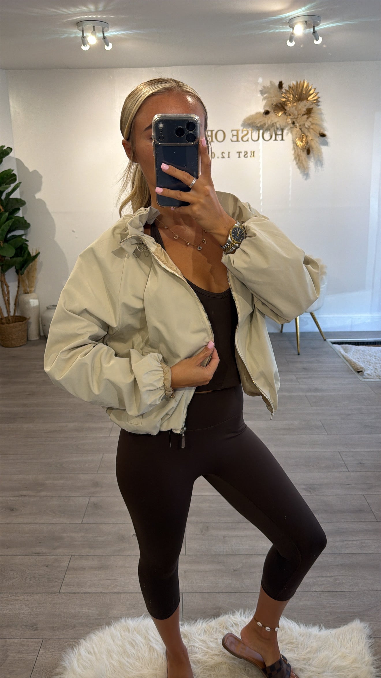 Cinched windbreaker style jacket beige