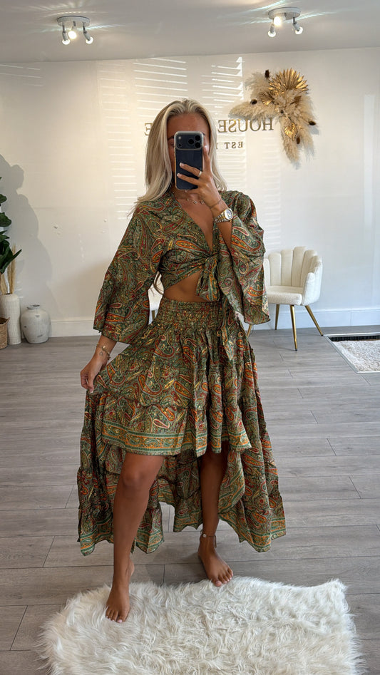 Tie up crop top and ruffle skirt coord set khaki
