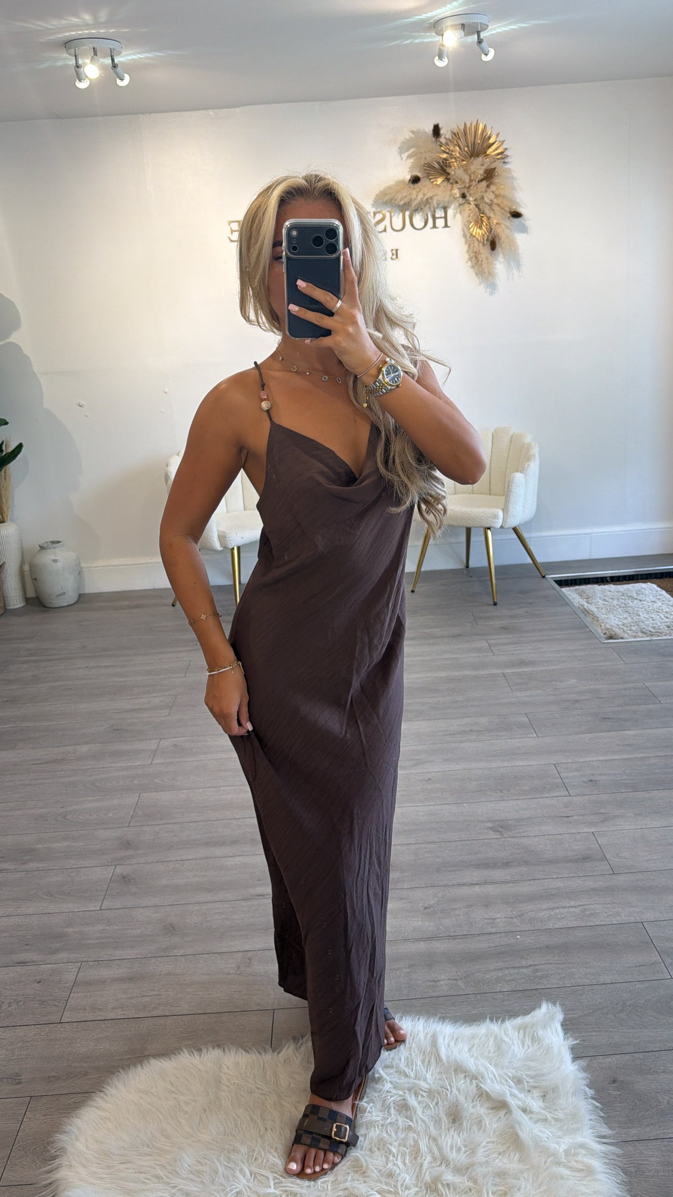 Beaded backless maxi dresses brown
