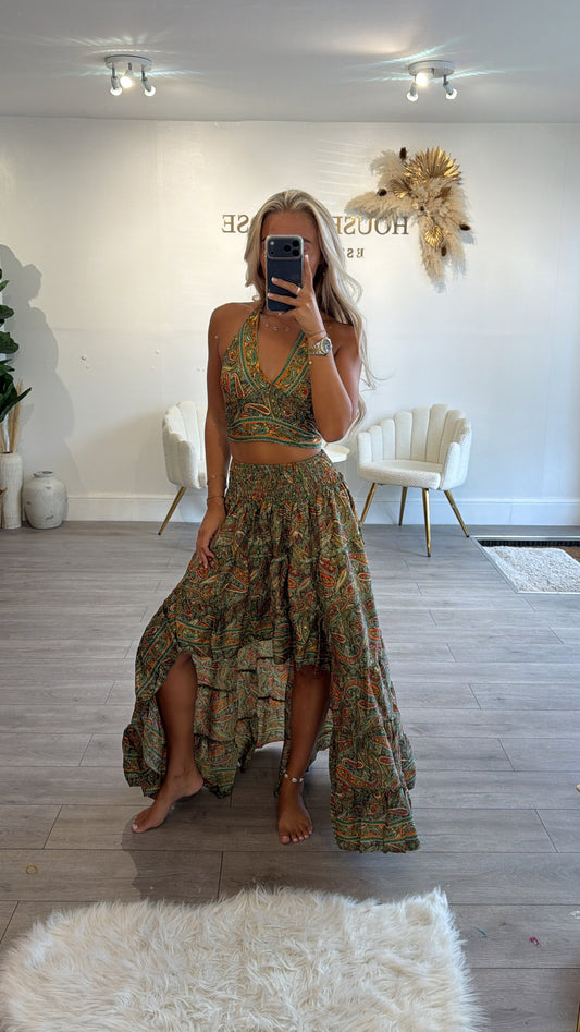 Halter neck tie up top and matching ruffle skirt khaki