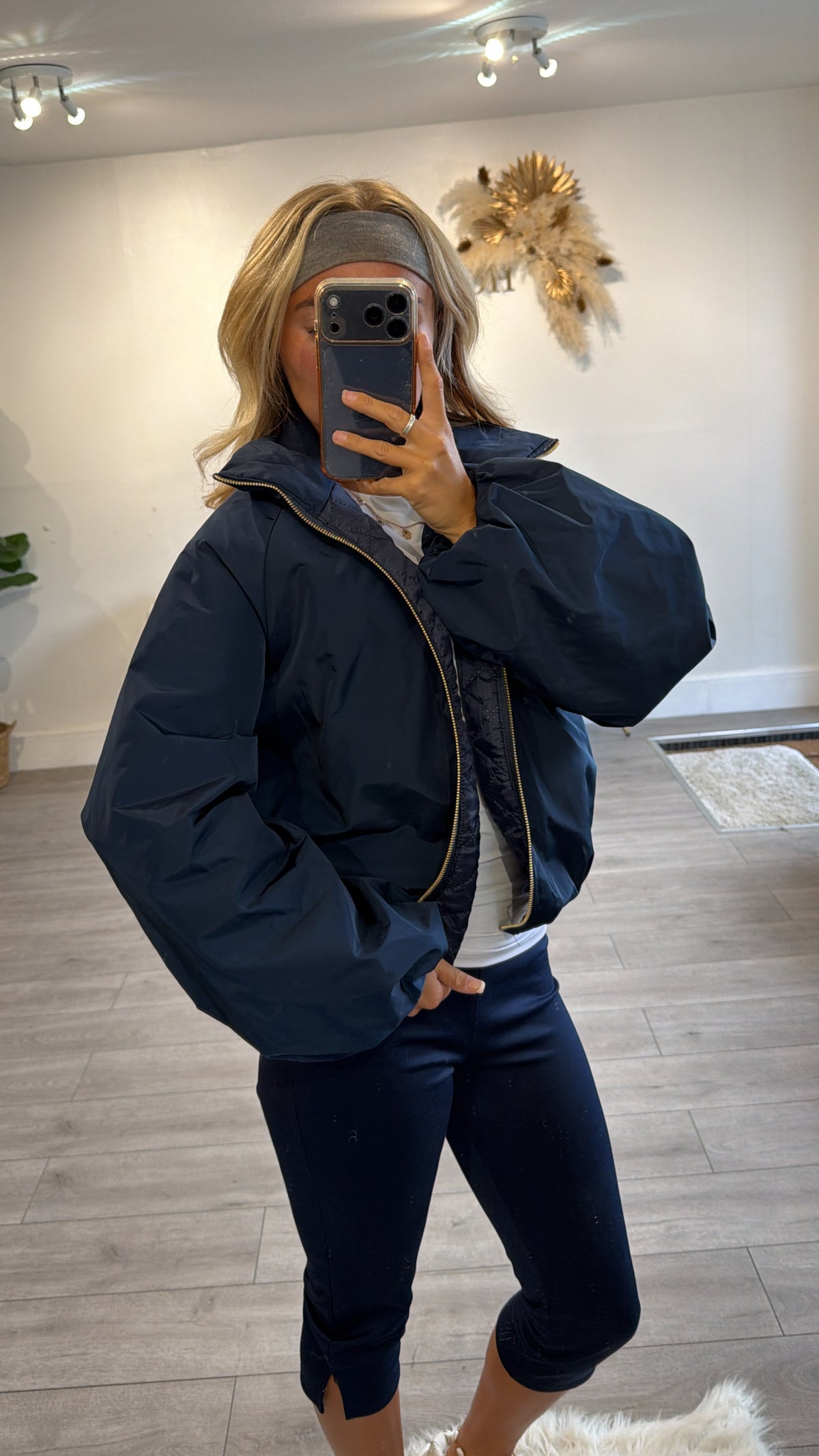Gold zip up puffer bomber jacket navy