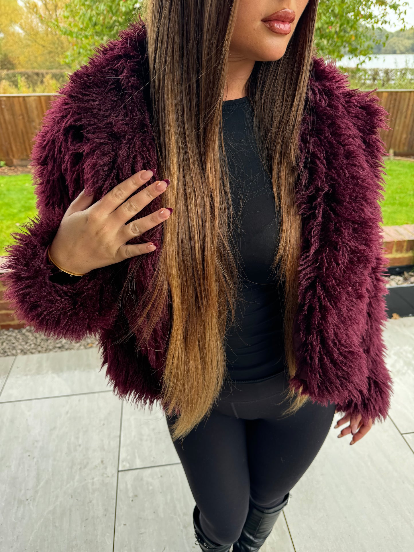 Cropped burgundy teddy bear faux fur jacket