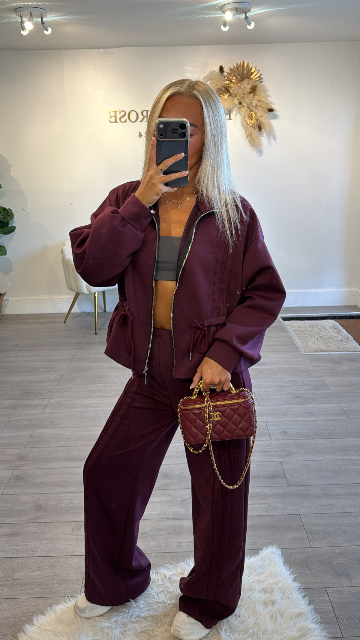 Tie up zip up jacket and trouser loungewear set burgundy