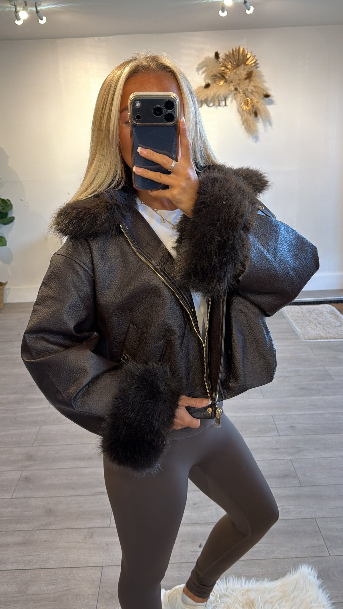 Faux leather jacket with faux fur trims brown