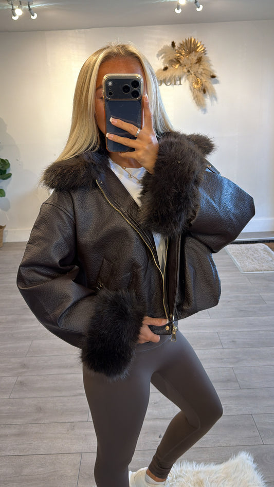 Faux leather jacket with faux fur trims brown