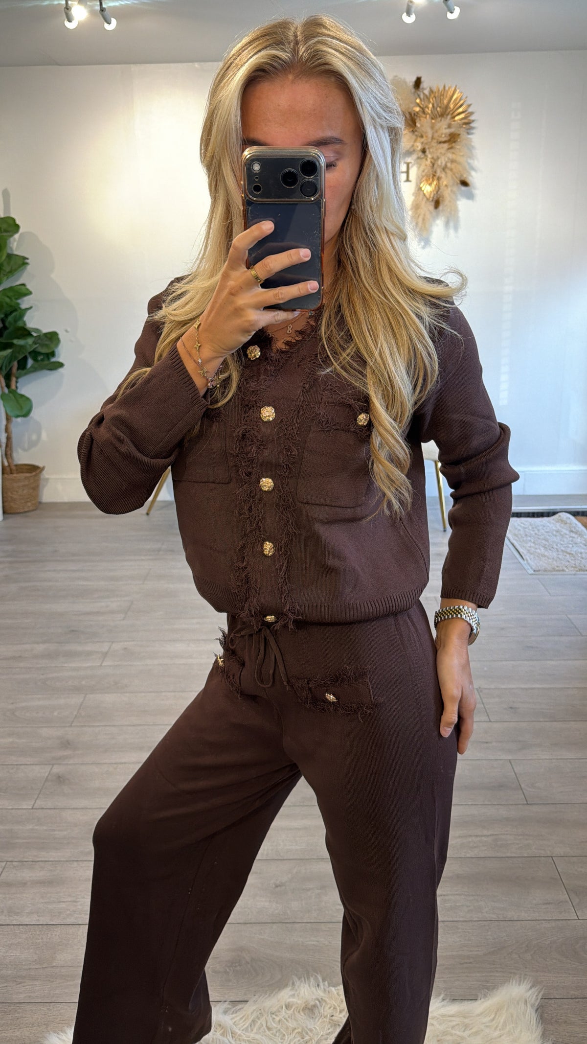 Long sleeve Frill loungewear coord set chocolate