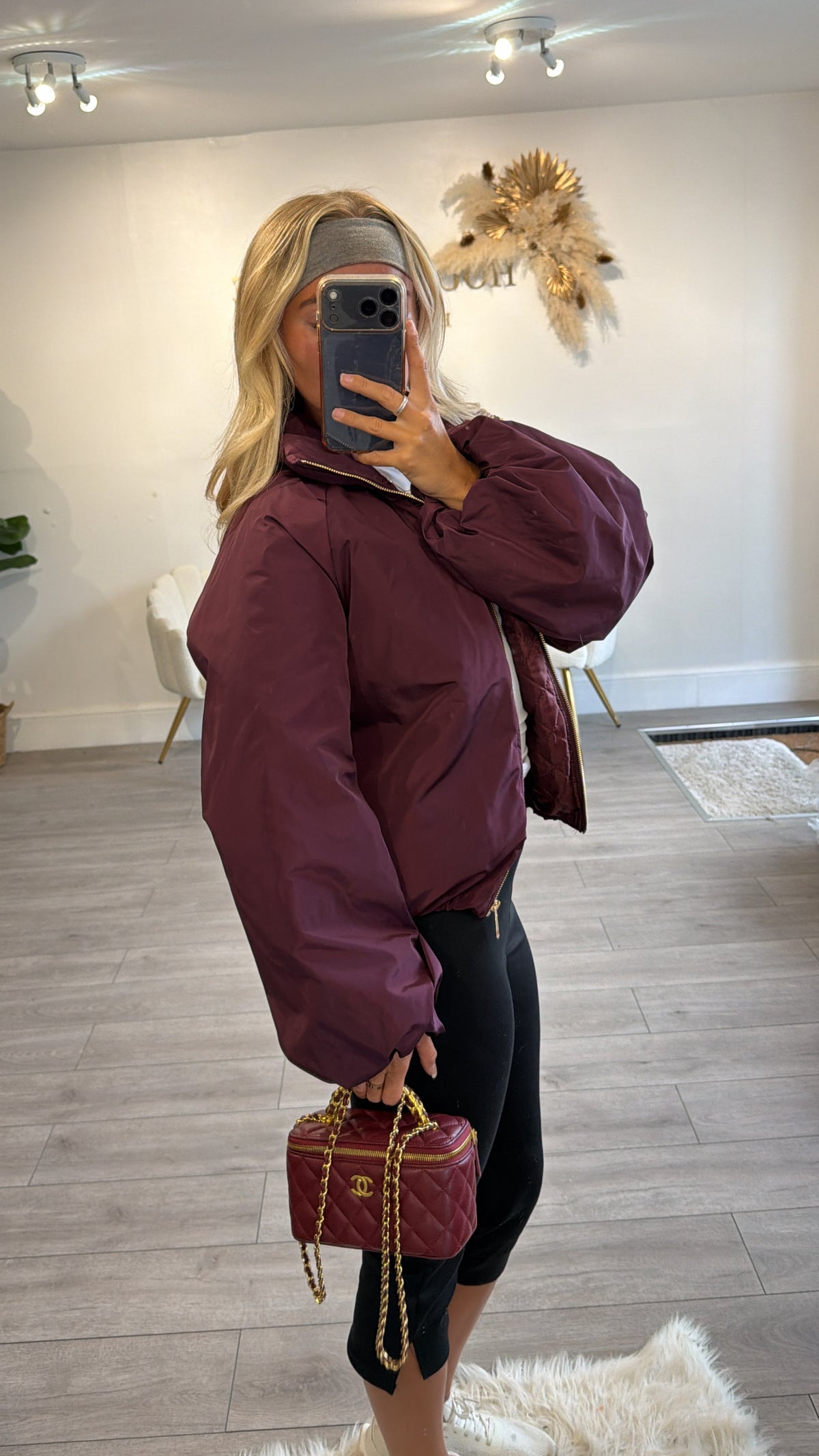 Gold zip up puffer bomber jacket burgundy