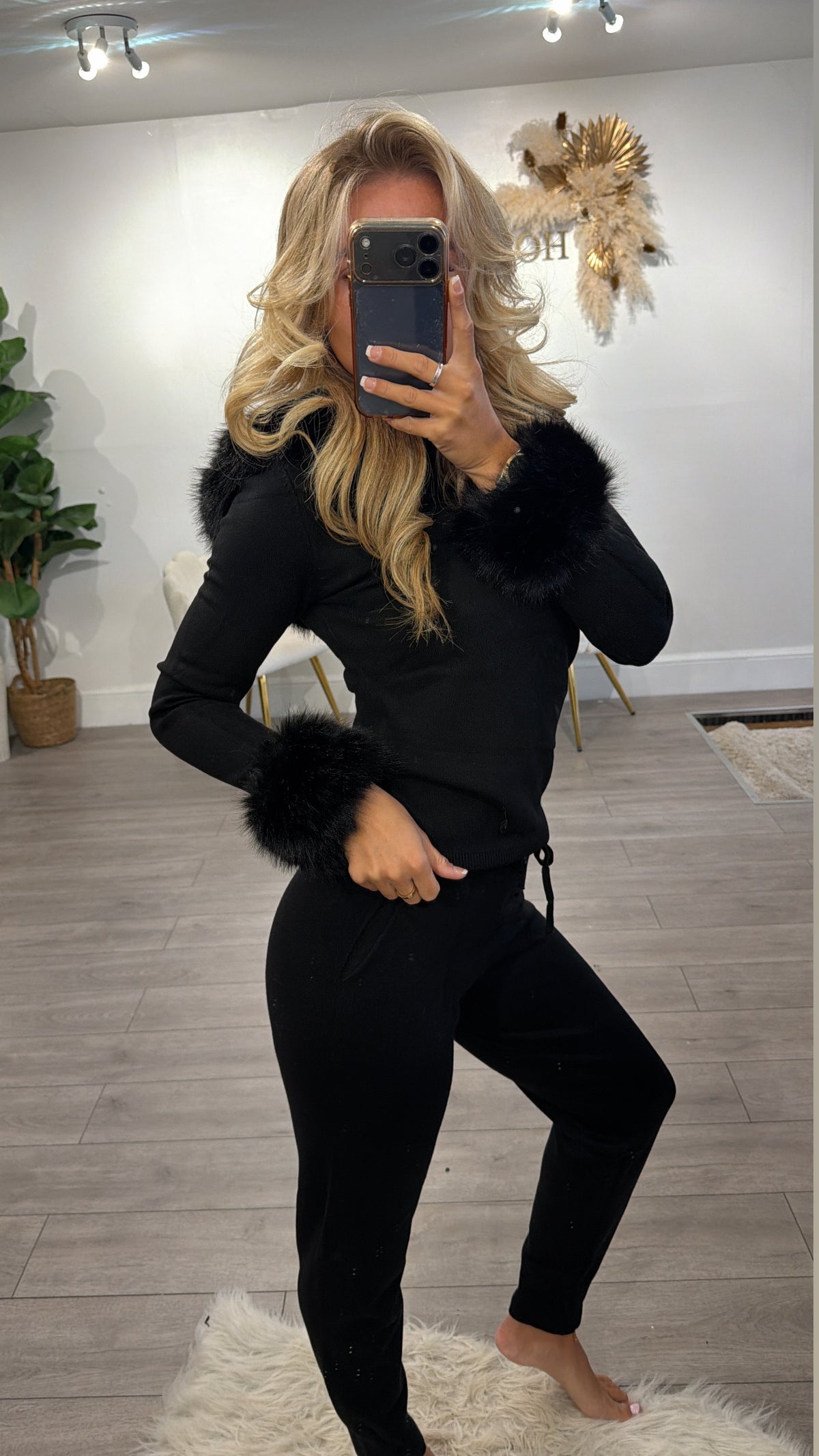 Luxury Faux Fur Trimmed Hoodie and Joggers Set black
